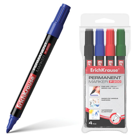 Набор маркеров перм. (нестир.) ERICH KRAUSE P-200 кругл. 1,5мм, 4шт.(чер,син,кр,зел),европодв,11606