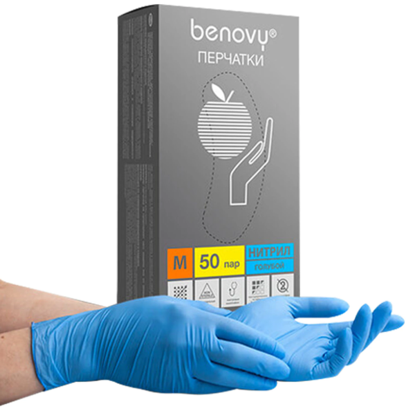 Перчатки нитриловые смотровые 50 пар (100 штук), размер 7-8, M (средний), голубые BENOVY Nitrile Chl