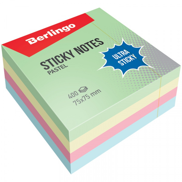 Блок самоклеящийся Berlingo "Ultra Sticky" 75*75мм 400л,, 4 пастельных цвета