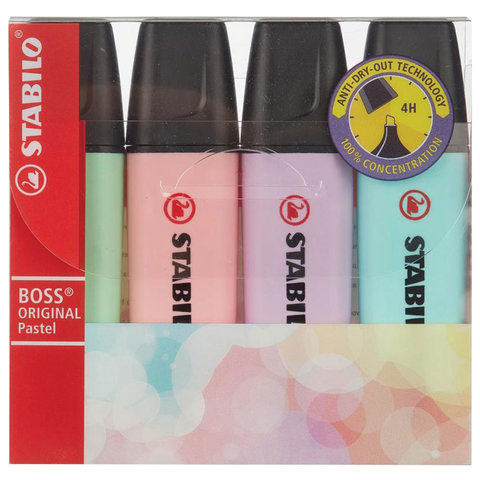 Текстмаркеры STABILO В НАБОРЕ из 4 штук, "Boss Pastel", АССОРТИ, скошенный наконечник 2-5 мм, 70/4-2