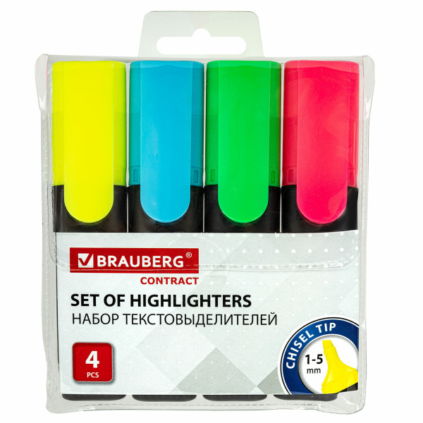 Набор текстмаркеров BRAUBERG "CONTRACT" 1-5мм, 4 шт. (лим, гол, зел, роз), скошен. наконечник,150394