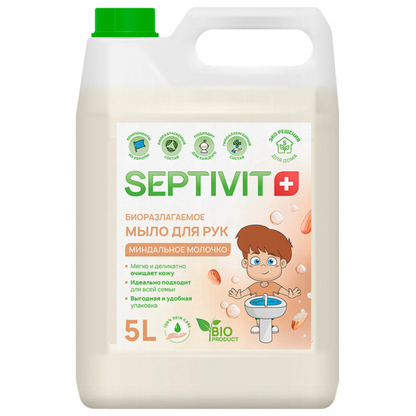 Мыло жидкое 5л SEPTIVIT "Миндальное молочко", биоразлагаемое, гипоаллергенное