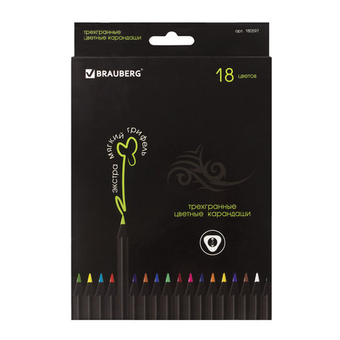Карандаши цветные BRAUBERG "Black Jack" (Блек Джек), 18 цв., трехгранные, черное дерево Карандаши цветные BRAUBERG "Black Jack" (Блек Джек), 18 цв., трехгранные, черное дерево