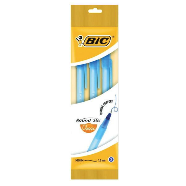 Ручки шариковые BIC "Round Stic", НАБОР 3 шт., СИНИЕ, узел 1 мм, линия письма 0,32 мм, пакет, 902152