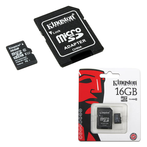 Карта памяти micro SDHC, 16 GB, KINGSTON, UHS-I U1, 45 Мб/сек. (class 10), с адаптером, SDC10G2/16GB