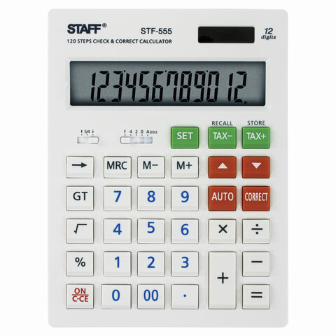 Калькулятор STAFF настольный STF-555-WHITE, 12 разрядов,CORRECT, TAX БЕЛЫЙ,двойное питание,205х154мм