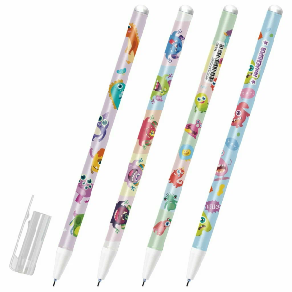 Ручка стираемая гелевая с принтом ЮНЛАНДИЯ "МОНСТРИКИ", СИНЯЯ, корпус ассорти, игольчатый наконечник