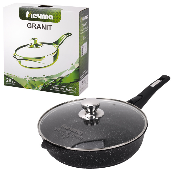 Сковорода 28 см, съемная soft-touch ручка, крышка, антипригарное покрытие, МЕЧТА "Гранит Black", с02