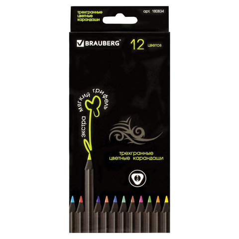 Карандаши цветные BRAUBERG "Black Jack" (Блек Джек), 12 цв., трехгран., черн. дерево, заточ, 180834 Карандаши цветные BRAUBERG "Black Jack" (Блек Джек), 12 цв., трехгран., черн. дерево, заточ, 180834