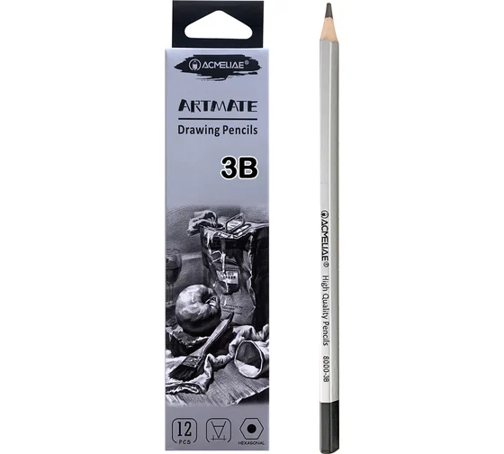 Карандаш ч/г ACMELIAE 3B  шестигранный, корпус серебряный , без резинки, заточенный Карандаш ч/г ACMELIAE 3B  шестигранный, корпус серебряный , без резинки, заточенный