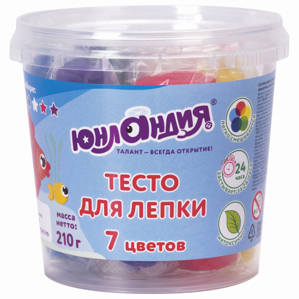 Пластилин на растительной основе (тесто для лепки) ЮНЛАНДИЯ,  7 цветов, 210г, стакан, 105503