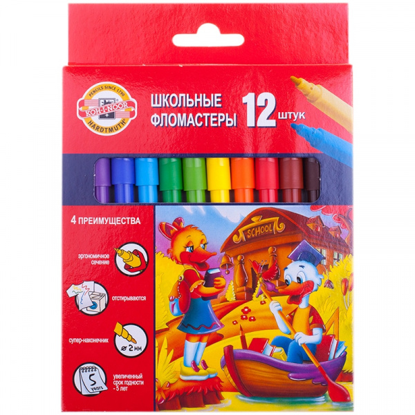 Фломастеры Koh-I-Noor "Утята", 12цв., трехгранные, смываемые, картон, европодвес
