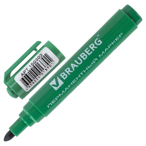 Маркер перманентный (нестираемый) BRAUBERG "Classic", круглый наконечник 3мм, зеленый, 150303