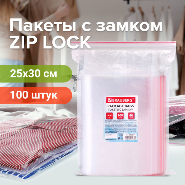 Пакеты с замком "зиплок" (гриппер), комплект 100 шт., 250х300 мм, ПВД, толщина 40 микрон, BRAUBERG