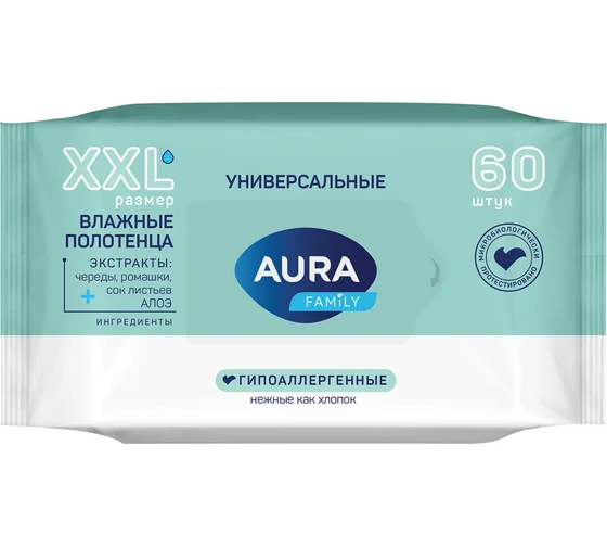 Полотенца влажные 60 шт., XXL, AURA "Family", универсальные