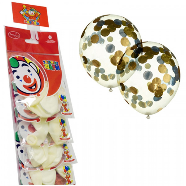 Воздушные шары, 2шт, 12/30см, Поиск "Декоратор", наполн. круги конфетти фольга золото/серебро,стрип