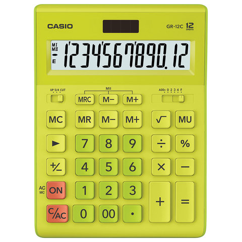 Калькулятор CASIO настольный GR-12С-GN, 12 разрядов, двойное питание, 210х155 мм, салатовый, GR-12C-