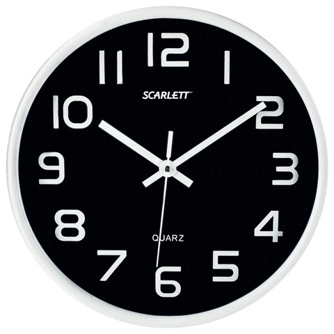 Часы настен. SCARLETT SC-WC1001O кругл, черные,серебрист.рамка, пластик, плавный ход 25,5х25,5х4,6см