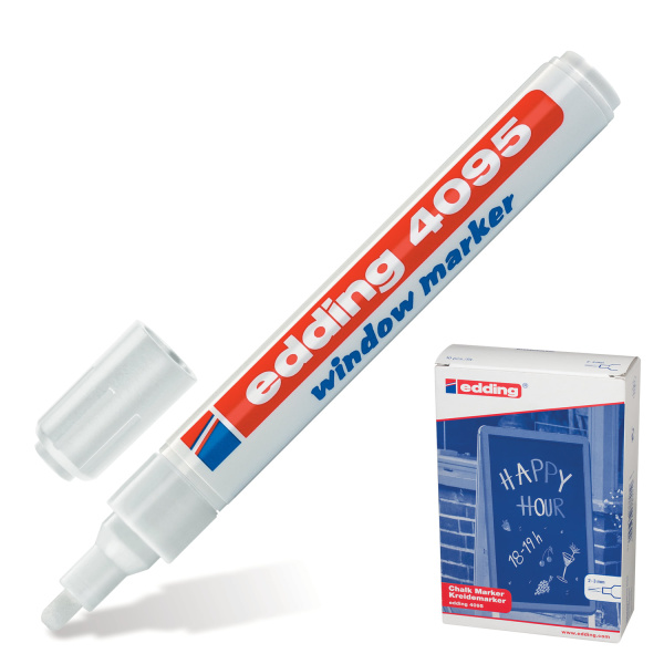 Маркер для окон и стекла EDDING 2-3мм, круглый наконечник, смываемый, на мел. основе, бел, Е-4095/49