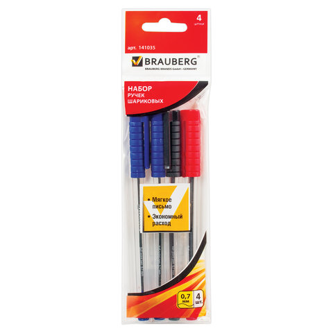 Набор шариковых ручек BRAUBERG "Flash", 4шт. в пластик.упак. с подвесом, 141035, (2синих,черн,красн)