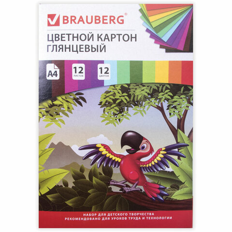 Картон цветной А4 МЕЛОВАННЫЙ (глянцевый), 12 л. 12 цв., в папке, BRAUBERG, 200х290 мм, Килиманджаро