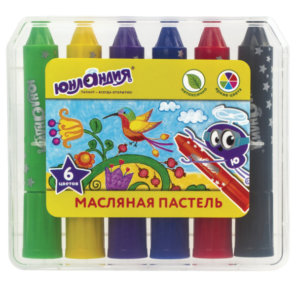 Масляная пастель ЮНЛАНДИЯ "КОЛИБРИ", НАБОР 6 цветов, яркие цвета, пластиковый корпус, европодвес, 22