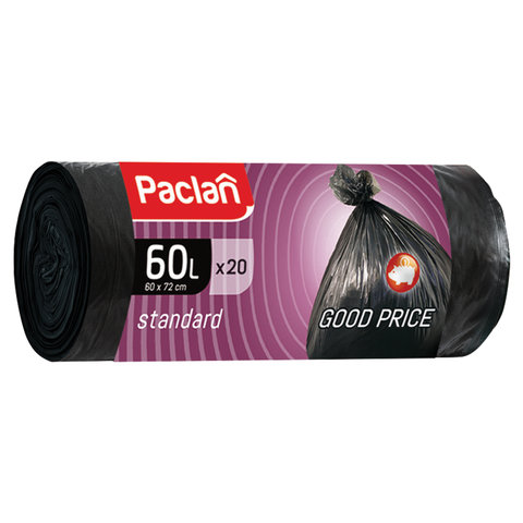 Мешки д/мусора 60л PACLAN Standart в рулоне 20шт, ПНД 7мкм, 60*72см, черные, (шк 02822)