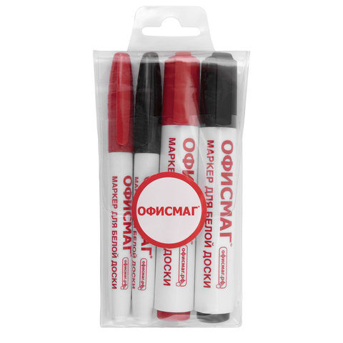 Маркеры для доски, набор 4 шт. (черные 1-3 мм, 3-5 мм, красные 1-3 мм, 3-5 мм), круглые, ОФИСМАГ, 15
