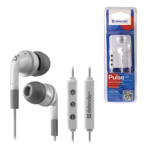 Наушники с микрофоном (гарнитура) DEFENDER Pulse 451, проводная, 1,2 м, вкладыши, для iPhone, белая,