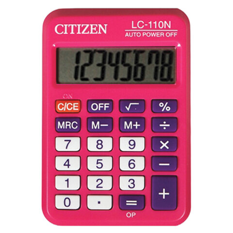 Калькулятор CITIZEN карманный LC-110NPKCFS, 8 разрядов, двойное питание, 87х58мм, РОЗОВЫЙ