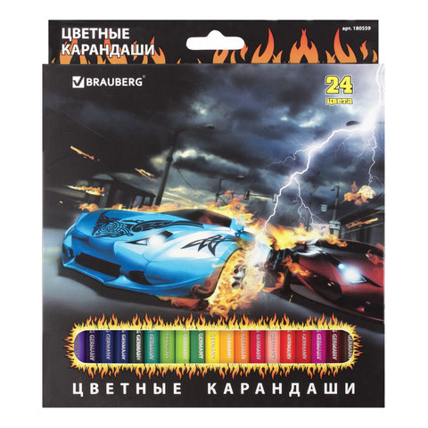 Карандаши цветные BRAUBERG "Hot Cars" (Крутые тачки), 24 цв., заточенные Карандаши цветные BRAUBERG "Hot Cars" (Крутые тачки), 24 цв., заточенные