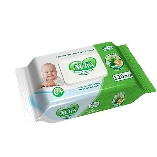 Салфетки влажные 120 шт., для детей, AURA "Ultra Comfort" с алоэ и витамином Е, крышка-клапан, 14847