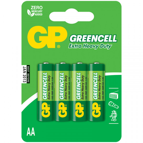 Батарейка GP Greencell AA (R06) 15S солевая, BL4