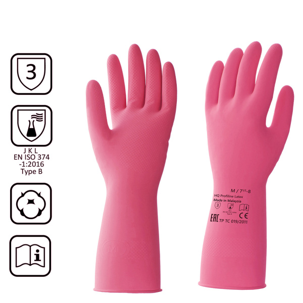 Перчатки латексные КЩС, сверхпрочные, плотные, хлопковое напыление, размер 7,5-8 M, средний, красные