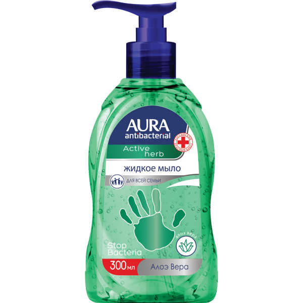 Мыло-крем жидкое 300мл AURA "Antibacterial", антибактериальное, "Экстракт алоэ", дозатор, ш/к 28427