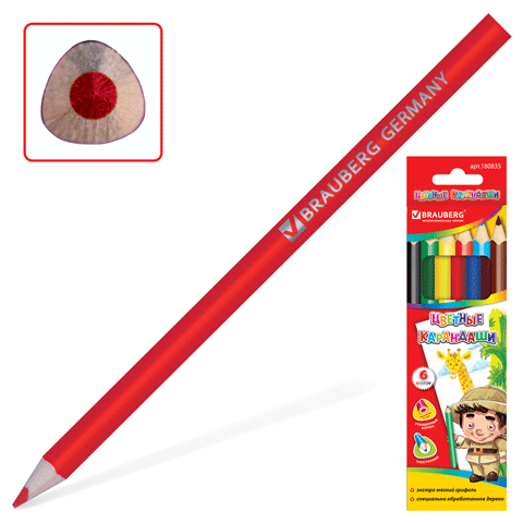 Карандаши цветные BRAUBERG "Kids Series" 6 цв., утолщенные, трехгранные, карт. упак., 180835 Карандаши цветные BRAUBERG "Kids Series" 6 цв., утолщенные, трехгранные, карт. упак., 180835