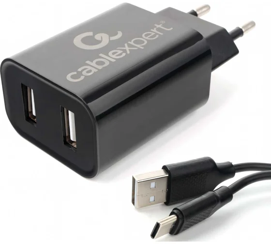 Зарядное устройство CABLEXPERT 12 Вт, 2.4 А, 2 х USB, кабель Type-C, 1 м, черный, коробка-блистер, M
