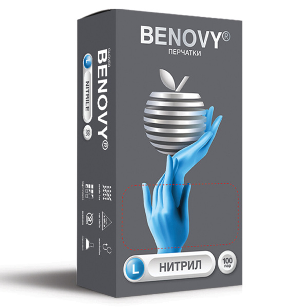 Перчатки нитриловые смотровые КОМПЛ 100 пар (200 шт.), размер L (большой) BENOVY Nitrile Chlorinated