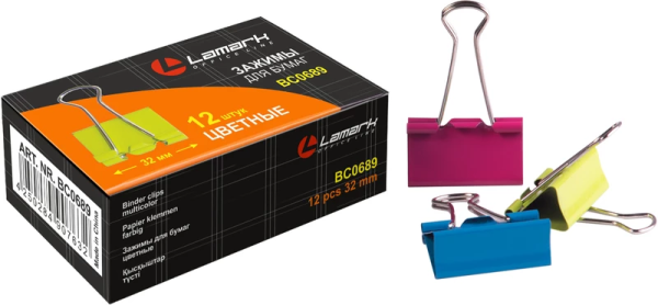 Зажимы для бумаг 32мм LAMARK, 12шт., до 140л., цветные, НЕОН