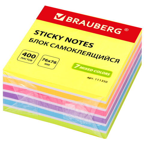 Блок самоклеящийся BRAUBERG НЕОН 76х76мм 400л., 7 цветов