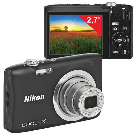 Фотоаппарат компактный NIKON CoolPix А100, 20,1 Мп, 5x zoom, 2,7" ЖК-монитор, HD, черный, VNA971E1 