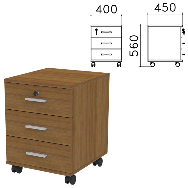 Тумба подкатная "Канц", 400х450х570 мм, 3 ящика, замок, цвет орех пирамидальный