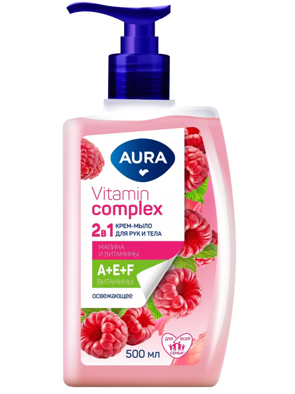 Мыло жидкое 2в1 для рук и тела 500 мл AURA Vitamin Complex "Малина и витамины", 13356