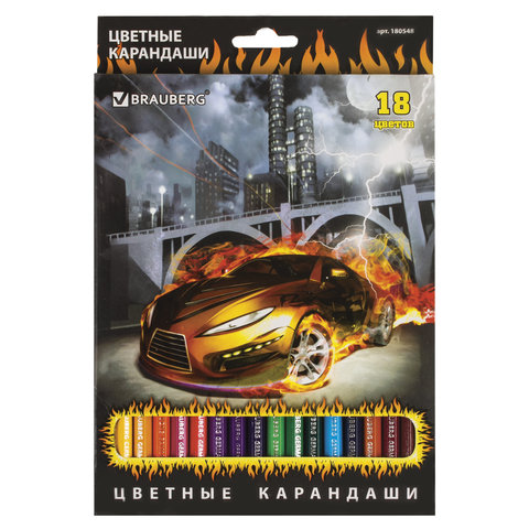 Карандаши цветные BRAUBERG "Hot Cars" (Крутые тачки), 18 цв., заточенные Карандаши цветные BRAUBERG "Hot Cars" (Крутые тачки), 18 цв., заточенные
