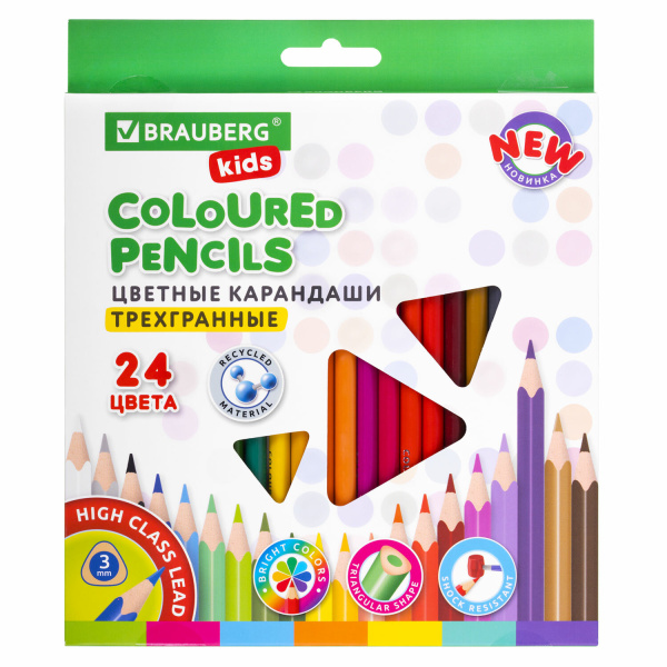 Карандаши цветные BRAUBERG KIDS NEW, 24 цвета, трехгранные, 182002 Карандаши цветные BRAUBERG KIDS NEW, 24 цвета, трехгранные, 182002