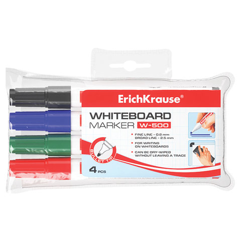 Маркеры для доски ERICH KRAUSE, НАБОР 4шт., W500 круглый наконечник 2,5мм, (чер,син,крас,зел), 12849