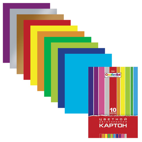 Цветной картон А4 МЕЛОВАННЫЙ ДВУСТ., 10л., 10цв., HATBER, Creative,195х280мм, 10Кц4_05934(N138007)
