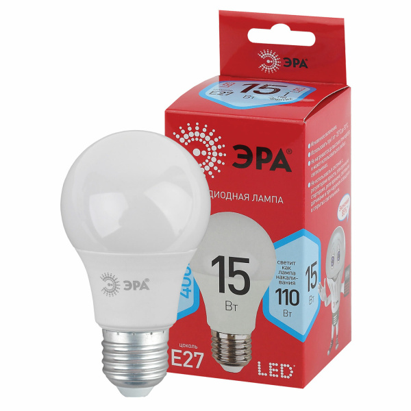 Лампа светодиодная ЭРА RED LINE,15(110)Вт,цоколь Е27,груша,нейтральный белый,30000ч,LEDA6015W840E27R
