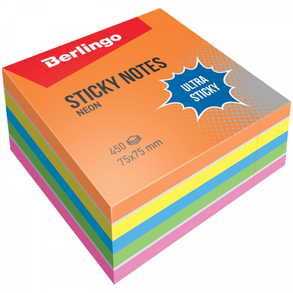 Блок самоклеящийся Berlingo "Ultra Sticky" 75*75мм 450л,, 5 неоновых цветов + 1 белый LSn_40202