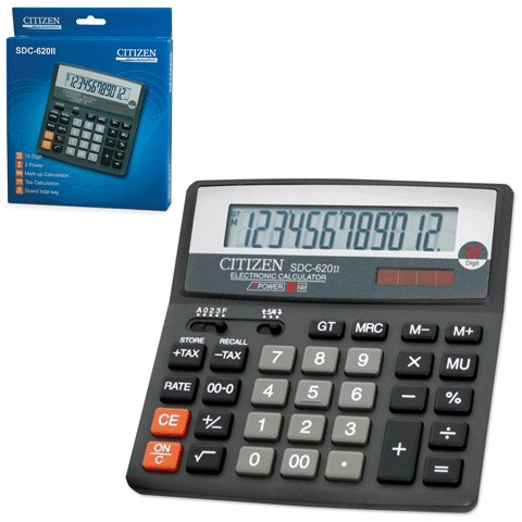 Калькулятор CITIZEN настольный SDC-620II, 12 разр., двойное питание, 156x156мм, оригинальный